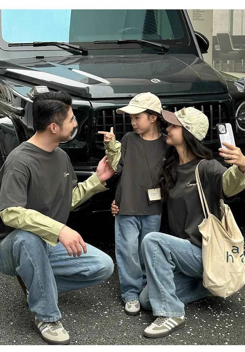 Fashion Family Long Sleeve T-shirt Parent-child Tee Korean Father Mother and Son Daughter Same Clothes Dad Mom and Baby Clothing