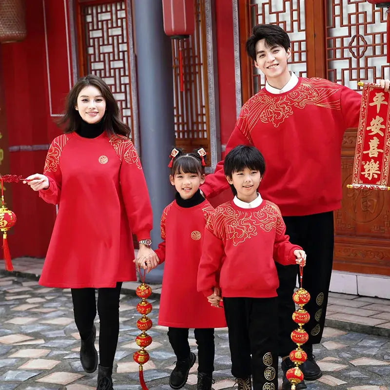 New Years Family Matching Red Clothing Winter Parent-child Clothes Mom and Daughter Girl Dress Dad and Son Boy Baby Sweatshirts - Mein Shop