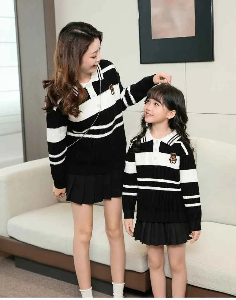 Sweater for The Whole Family Polo Knit Tops Fashion Mom and Daughter Child Girl Matching Jumper Dad and Son Baby Boy Knitwear