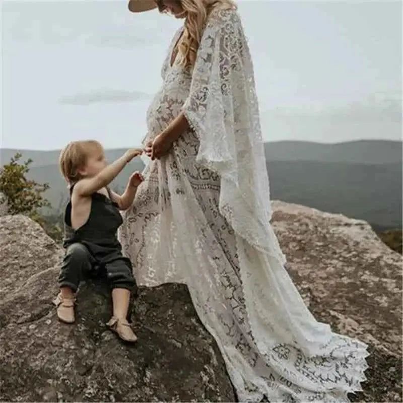 Umstandskleid mit Spitzenärmel - Maternity Batwing Sleeve V-Ausschnitt Langes Kleid für schwangere Frauen, ideal für Fotoshootings und als Requisit
