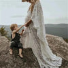 Umstandskleid mit Spitzenärmel - Maternity Batwing Sleeve V-Ausschnitt Langes Kleid für schwangere Frauen, ideal für Fotoshootings und als Requisit