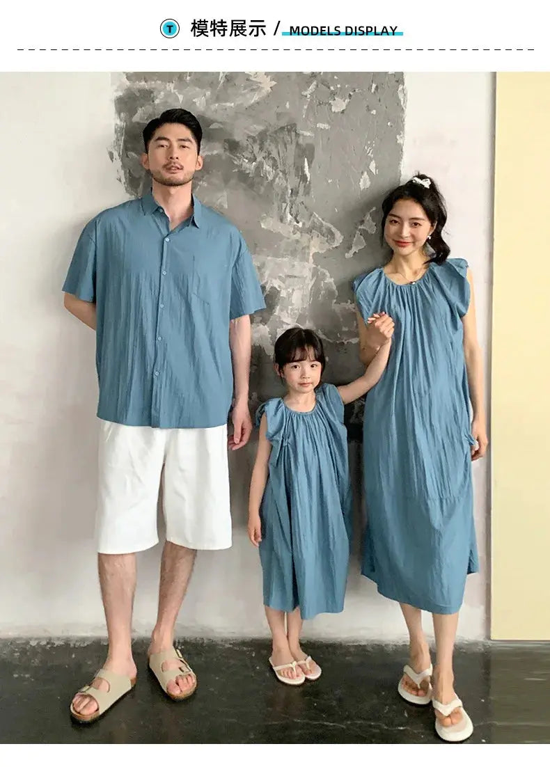 Family Matching Clothes for Brother Sister Mom Daughter Blue Dress Dad Son Clothing Korean Children Two Piece Set Couples Outfit Mein Shop