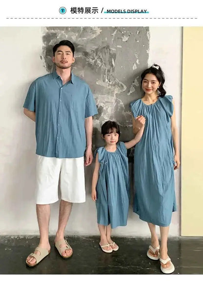 Family Matching Clothes for Brother Sister Mom Daughter Blue Dress Dad Son Clothing Korean Children Two Piece Set Couples Outfit