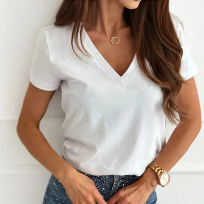 Women's Blouses T-shirt New Fashion Summer Pullover Tops White Short Sleeve Slim Fit V-Neck T-Shirt For Women Casual Clothing - Mein Shop