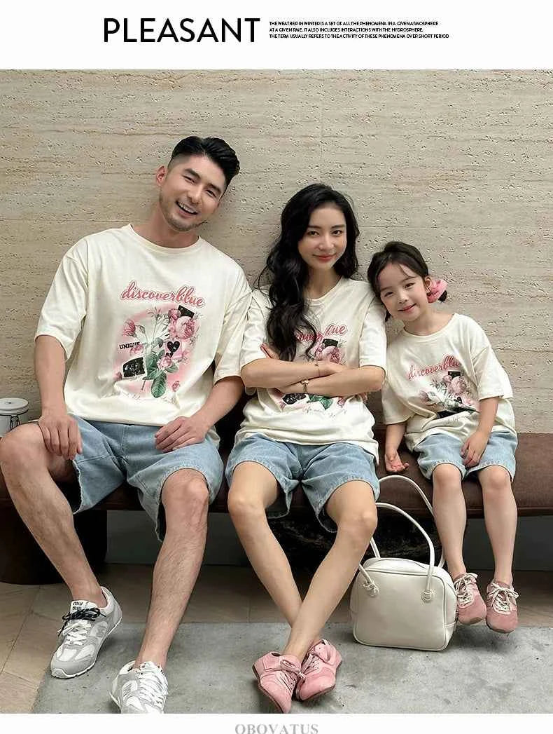 Family Matching Outfit Clothes Set For Summer Vacation Outerwear Beach Tshirt Shorts Clothing Suit Couple Kids Same Costume Wear