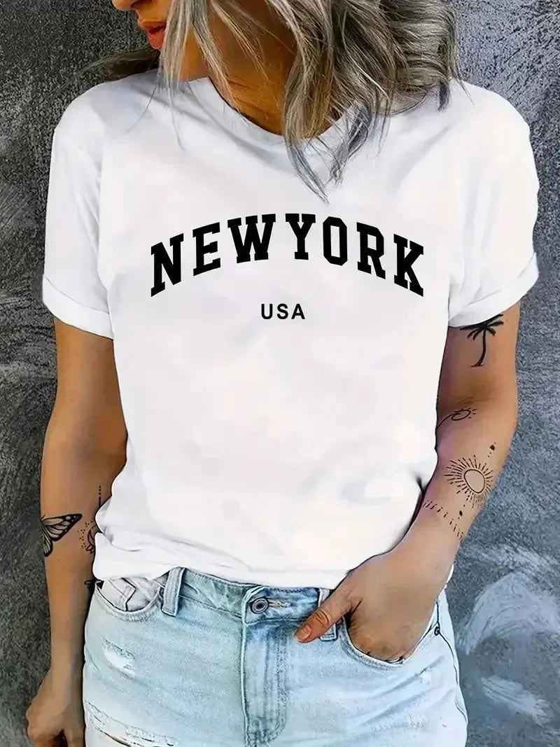 Women T Shirt Cartoon NEW YORK Letter Print Crew Neck Loose Top Tee Black T-shirt Female 90s Girls Graphic - Mein Shop