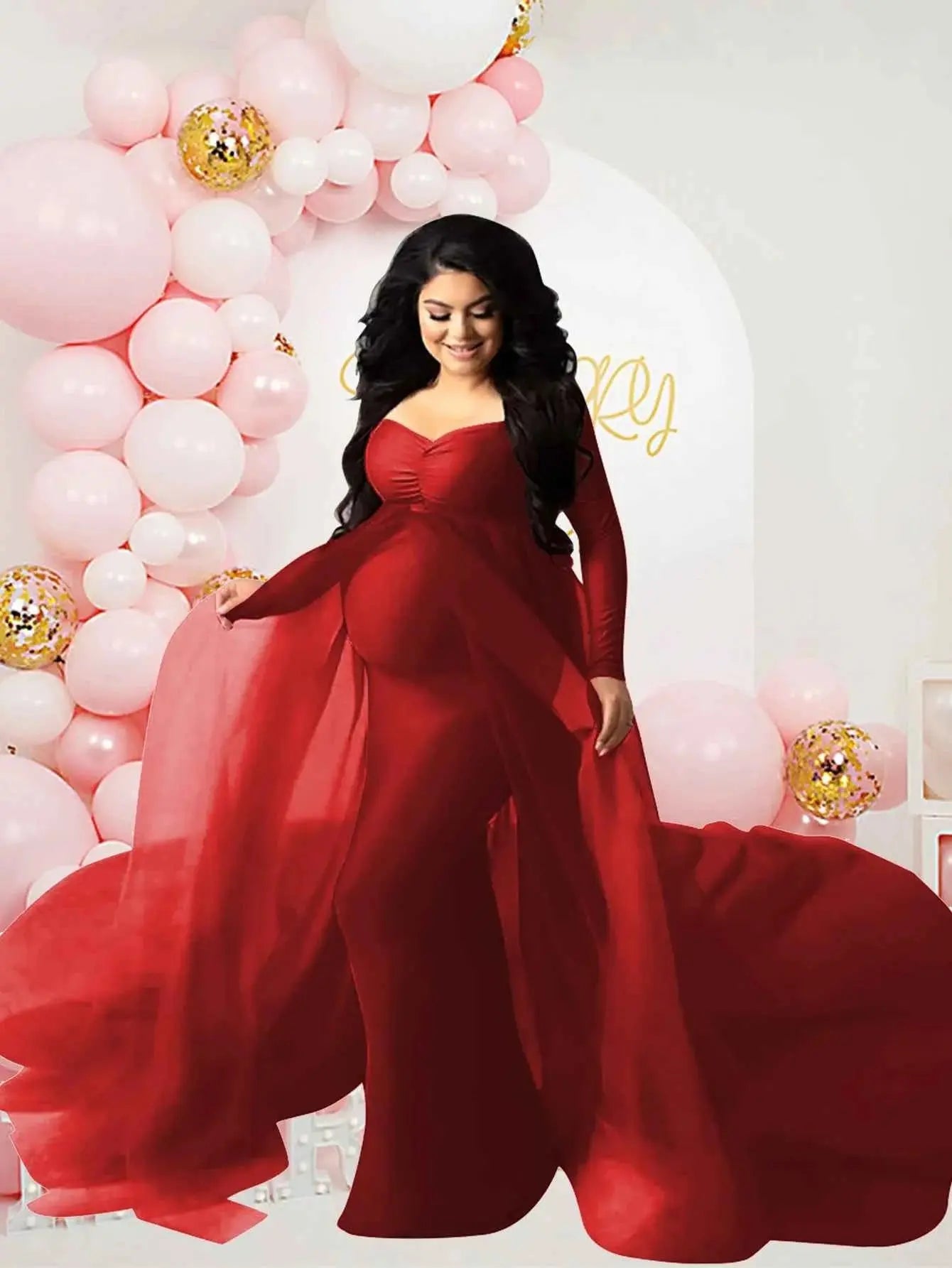 Schwangerenkleider Fotoshooting mit langen Ärmeln und V-Ausschnitt, elegante Mesh-Robe mit Bodenschleppe für Schwangerschaftsfotos und Babypartys