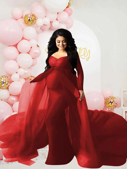 Schwangerenkleider Fotoshooting mit langen Ärmeln und V-Ausschnitt, elegante Mesh-Robe mit Bodenschleppe für Schwangerschaftsfotos und Babypartys