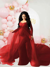 Schwangerenkleider Fotoshooting mit langen Ärmeln und V-Ausschnitt, elegante Mesh-Robe mit Bodenschleppe für Schwangerschaftsfotos und Babypartys