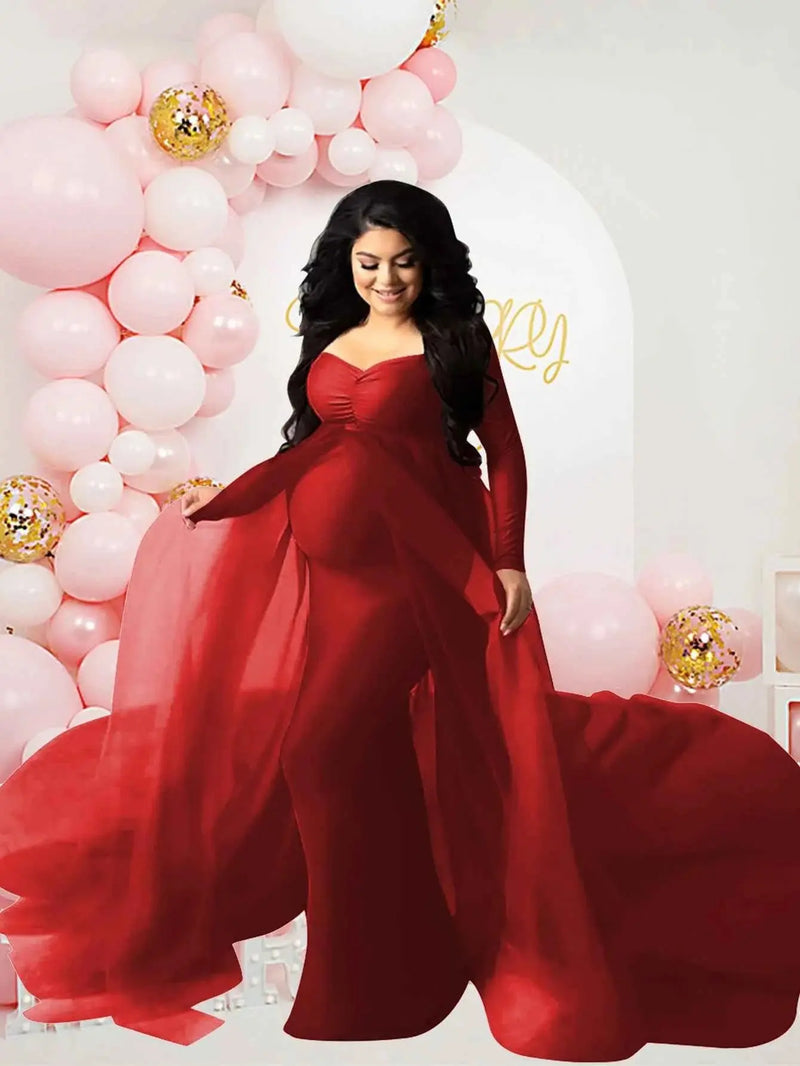 Schwangerenkleider Fotoshooting mit langen Ärmeln und V-Ausschnitt, elegante Mesh-Robe mit Bodenschleppe für Schwangerschaftsfotos und Babypartys