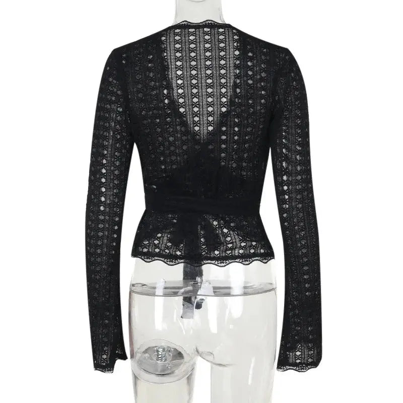 Women's T-shirt New Autumn Club Party Sexy Lace Tees Streetwear Fashion Long Sleeves T-shirt Lady Versatile Casual Slim Clothing - Mein Shop