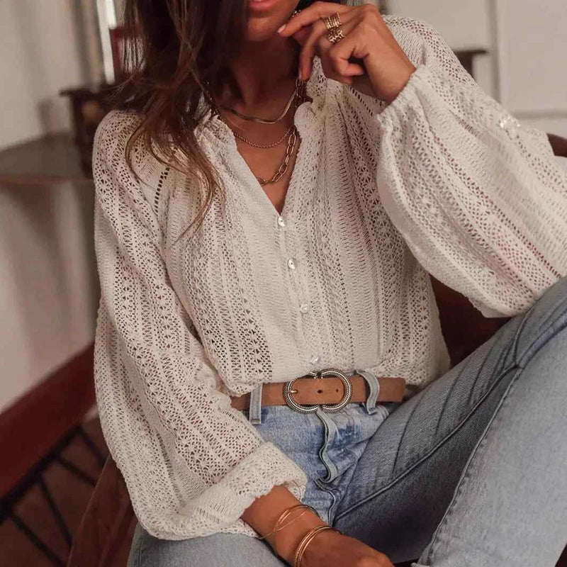 Shirt Women Tops V Neck Blouses Work Elegant Full Sleeve Casual Top Simple Hollow Out Shirts Y2k Streetwear Work Summer 2025