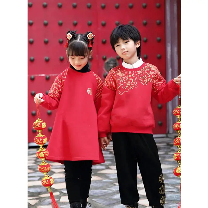 New Years Family Matching Red Clothing Winter Parent-child Clothes Mom and Daughter Girl Dress Dad and Son Boy Baby Sweatshirts - Mein Shop