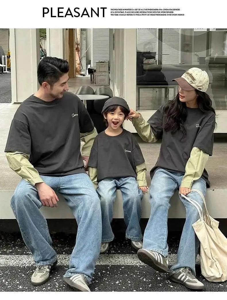 Fashion Family Long Sleeve T-shirt Parent-child Tee Korean Father Mother and Son Daughter Same Clothes Dad Mom and Baby Clothing