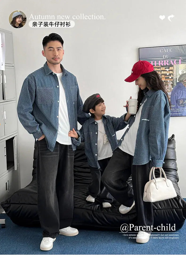 Family Cotton Denim Shirts Parent-child Fashion Clothes Mother and Daughter Jacket Korean Father and Son Same Stripe Coat Tops - Mein Shop