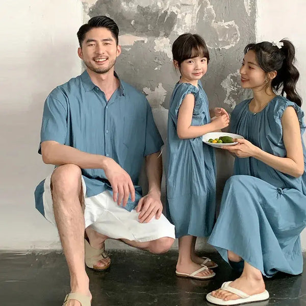 Family Matching Clothes for Brother Sister Mom Daughter Blue Dress Dad Son Clothing Korean Children Two Piece Set Couples Outfit Mein Shop