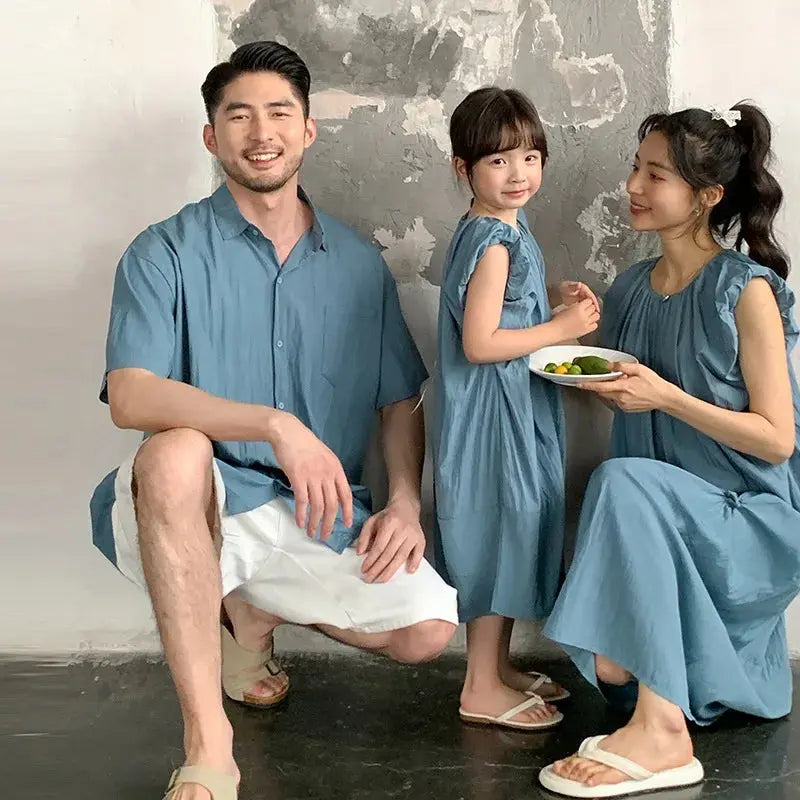 Family Matching Clothes for Brother Sister Mom Daughter Blue Dress Dad Son Clothing Korean Children Two Piece Set Couples Outfit