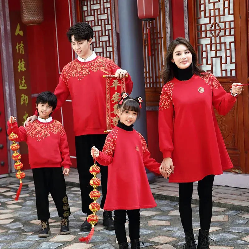 New Years Family Matching Red Clothing Winter Parent-child Clothes Mom and Daughter Girl Dress Dad and Son Boy Baby Sweatshirts - Mein Shop