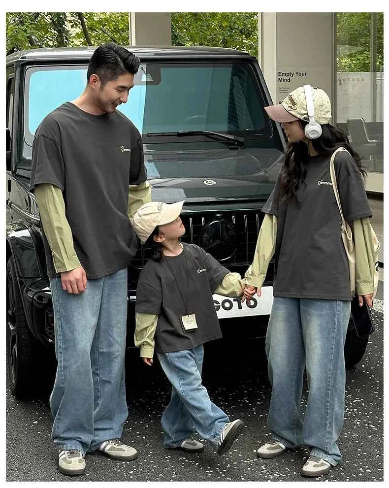 Fashion Family Long Sleeve T-shirt Parent-child Tee Korean Father Mother and Son Daughter Same Clothes Dad Mom and Baby Clothing