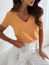 Women's Blouses T-shirt New Fashion Summer Pullover Tops White Short Sleeve Slim Fit V-Neck T-Shirt For Women Casual Clothing - Mein Shop