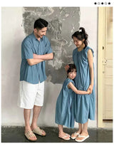 Family Matching Clothes for Brother Sister Mom Daughter Blue Dress Dad Son Clothing Korean Children Two Piece Set Couples Outfit