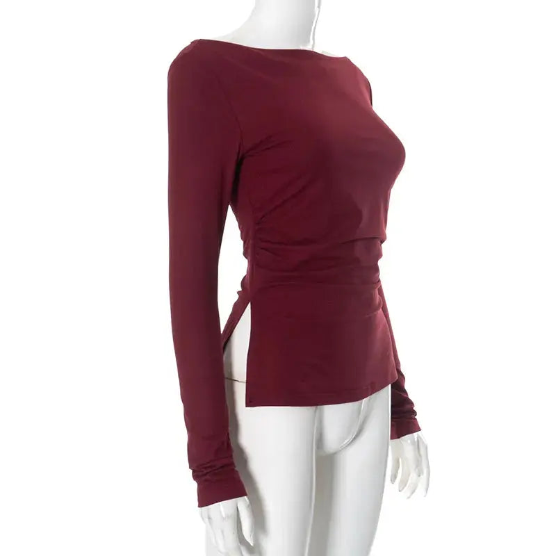 Wine Red T-shirts for Women 2025 Autumn Long Sleeve Split Slim Fit Tee Shirt Female Clothing Y2K Tunics Crop Tops Streetwear - Mein Shop