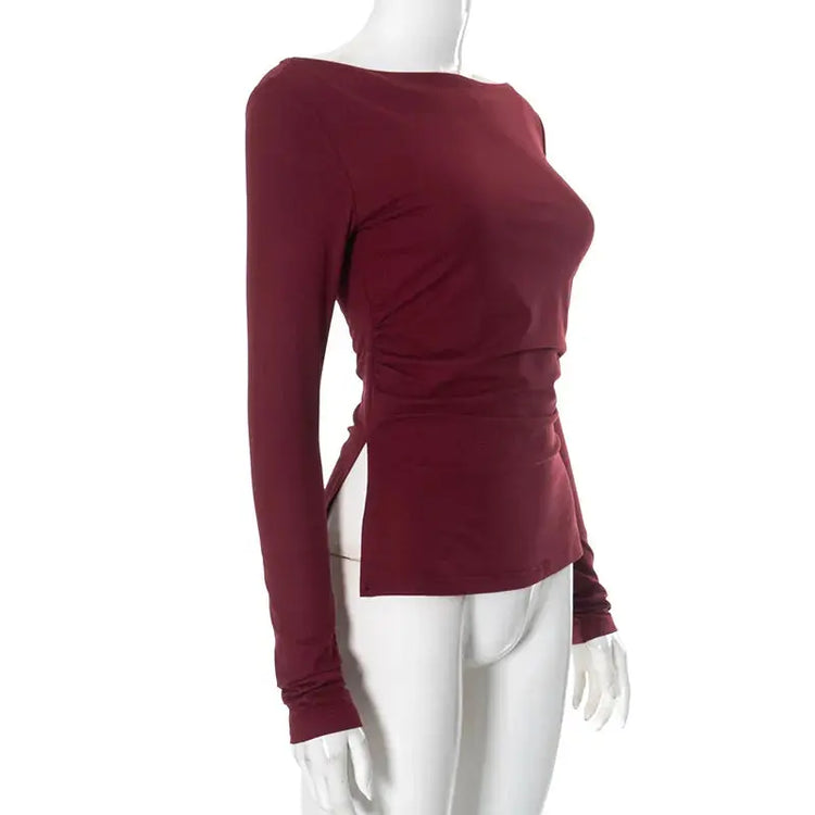 Wine Red T-shirts for Women 2025 Autumn Long Sleeve Split Slim Fit Tee Shirt Female Clothing Y2K Tunics Crop Tops Streetwear - Mein Shop