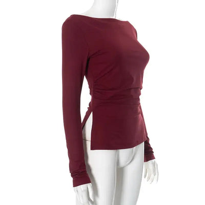 Wine Red T-shirts for Women 2025 Autumn Long Sleeve Split Slim Fit Tee Shirt Female Clothing Y2K Tunics Crop Tops Streetwear - Mein Shop