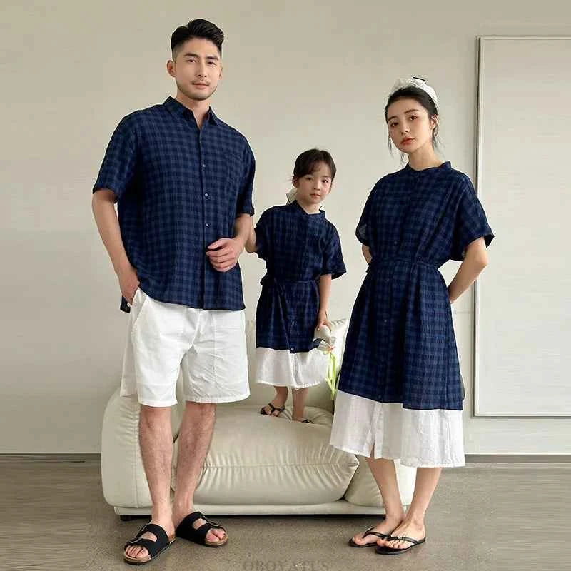 Family Matching Clothes Boy Girl Outfit Set Father and Son Shirt Shorts Suit Mother and Daughter Dress Same Girl Blouse Dress