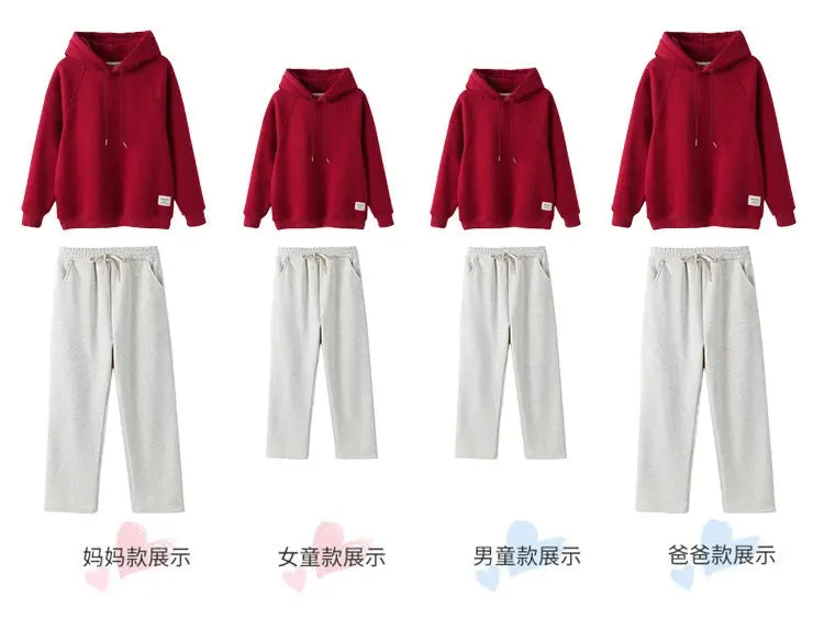 Funny Family Red Hoodies Ear Winter Warm Parent-child Clothes Dad Mom Daughter Son Matching Thick Hooded Sweatshirts Pants Sets - Mein Shop