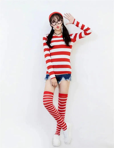 Waldo Book Week Fancy Dress Where's Wally Family Matching Parent-Child Costume Red White Stripe Shirt +Hat +Glasses Girls Boys - Mein Shop