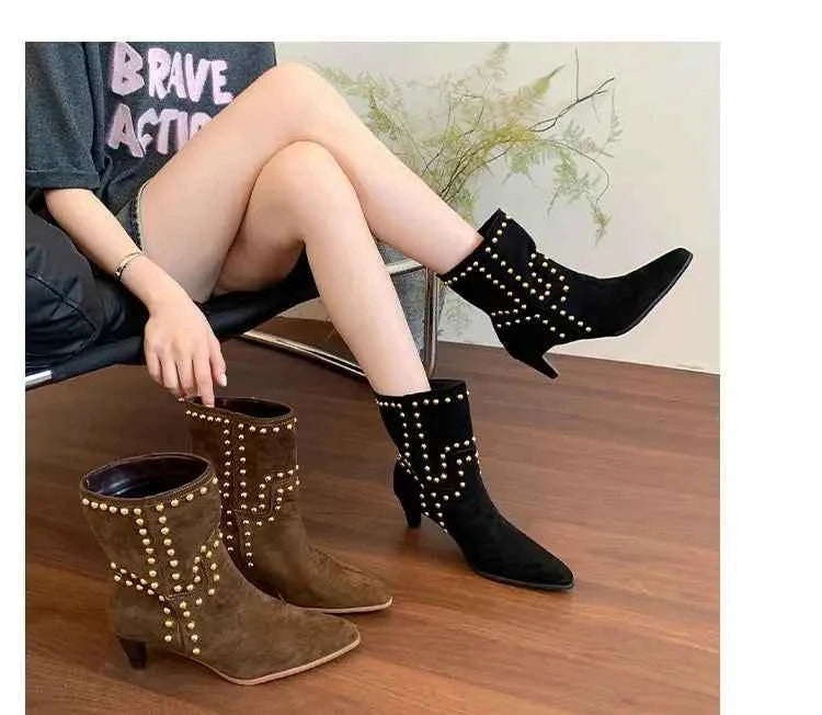 New Trend 2025 Autumn and Winter Rivet Fashion High Heel Chelsea Boots Pointed and Nude Boots High Heels Stiletto Western Boots