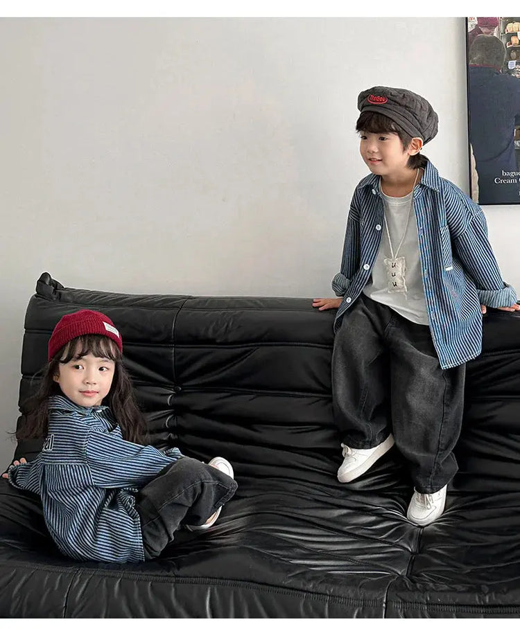 Family Cotton Denim Shirts Parent-child Fashion Clothes Mother and Daughter Jacket Korean Father and Son Same Stripe Coat Tops - Mein Shop