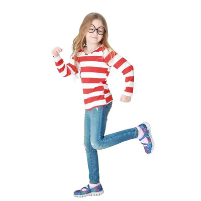 Waldo Book Week Fancy Dress Where's Wally Family Matching Parent-Child Costume Red White Stripe Shirt +Hat +Glasses Girls Boys - Mein Shop