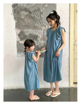 Family Matching Clothes for Brother Sister Mom Daughter Blue Dress Dad Son Clothing Korean Children Two Piece Set Couples Outfit