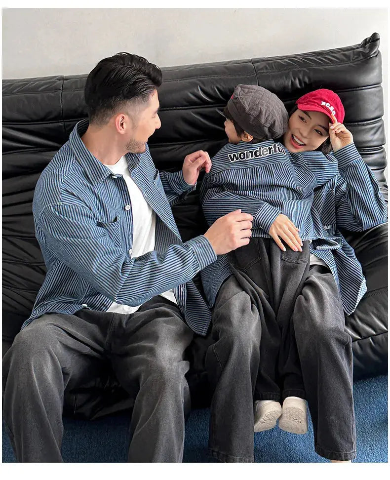 Family Cotton Denim Shirts Parent-child Fashion Clothes Mother and Daughter Jacket Korean Father and Son Same Stripe Coat Tops - Mein Shop