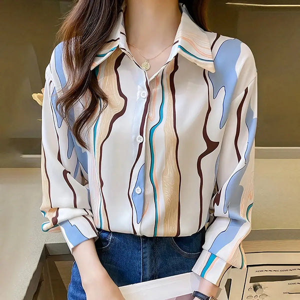Women'S Shirt Elegant Evening Gown Women'S Plus-Size Lapel Button-Down Long-Sleeved Top Summer Fashion Hawaiian Vacation Shirt - Mein Shop