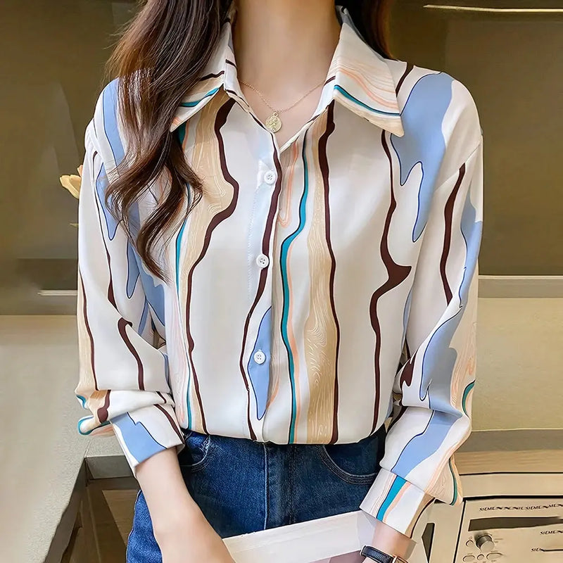 Women'S Shirt Elegant Evening Gown Women'S Plus-Size Lapel Button-Down Long-Sleeved Top Summer Fashion Hawaiian Vacation Shirt - Mein Shop