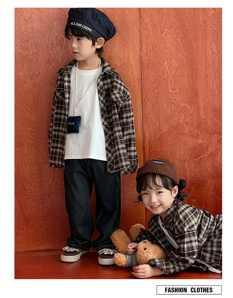 Equal Family Plaid Shirts Autumn Father Mother and Daughter Son Same Long Sleeve Tops Korean Vintage Parent-child Jacket Coat - Mein Shop