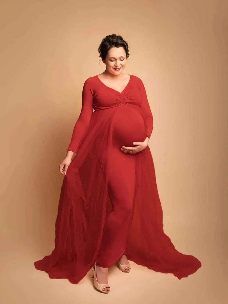 Schwangerenkleider Fotoshooting mit langen Ärmeln und V-Ausschnitt, elegante Mesh-Robe mit Bodenschleppe für Schwangerschaftsfotos und Babypartys