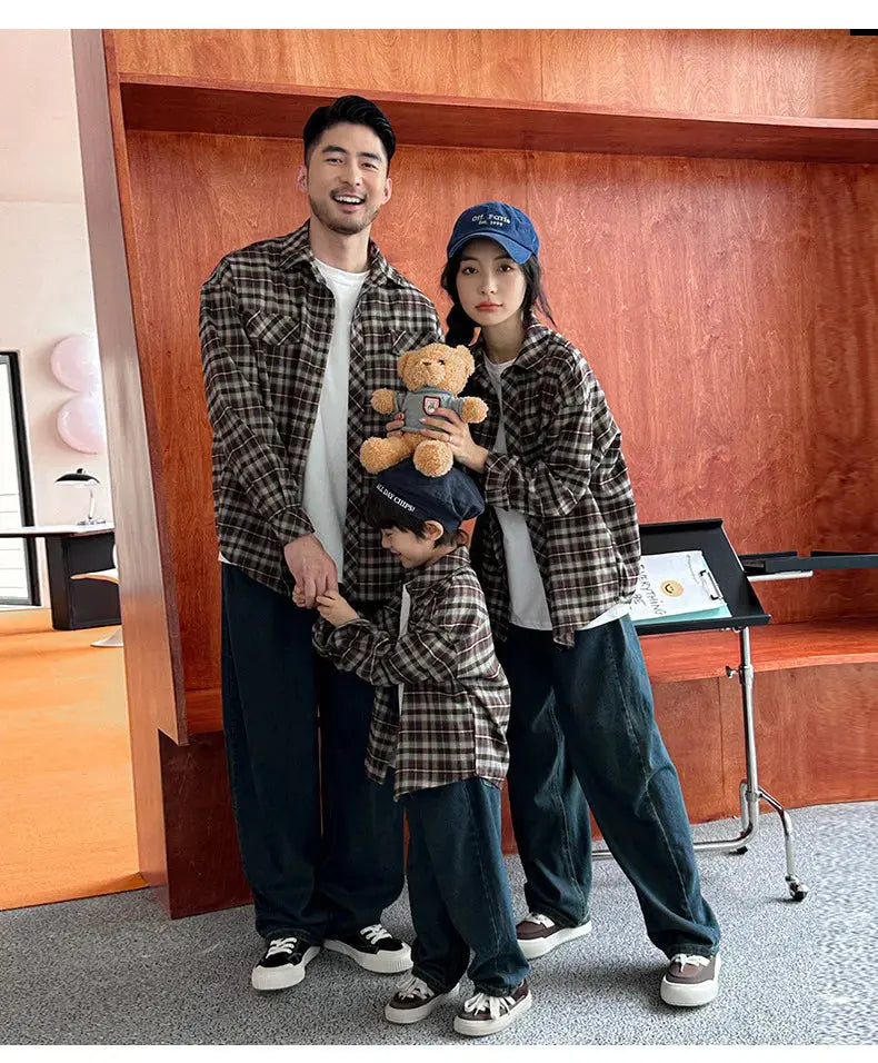 Equal Family Plaid Shirts Autumn Father Mother and Daughter Son Same Long Sleeve Tops Korean Vintage Parent-child Jacket Coat - Mein Shop