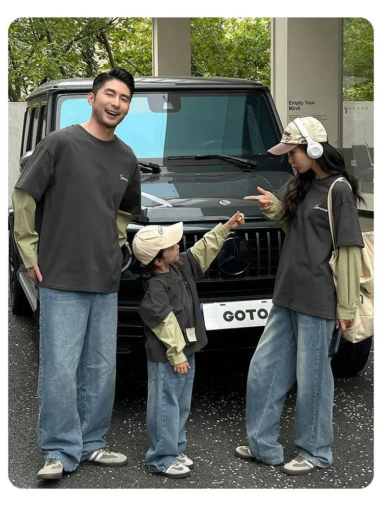 Fashion Family Long Sleeve T-shirt Parent-child Tee Korean Father Mother and Son Daughter Same Clothes Dad Mom and Baby Clothing - Mein Shop