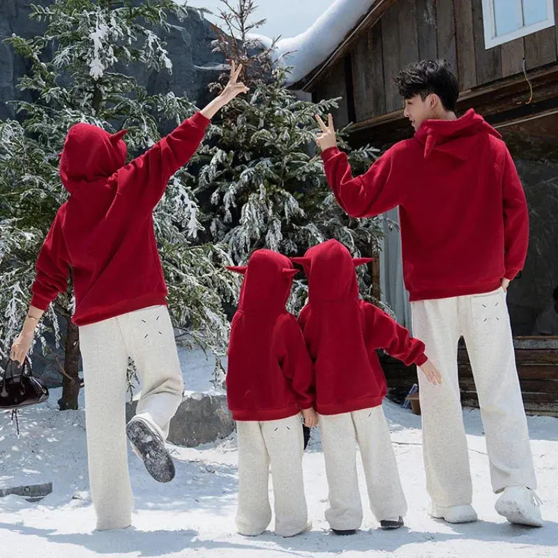 Funny Family Red Hoodies Ear Winter Warm Parent-child Clothes Dad Mom Daughter Son Matching Thick Hooded Sweatshirts Pants Sets - Mein Shop