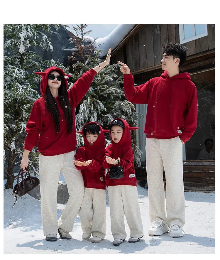 Funny Family Red Hoodies Ear Winter Warm Parent-child Clothes Dad Mom Daughter Son Matching Thick Hooded Sweatshirts Pants Sets - Mein Shop