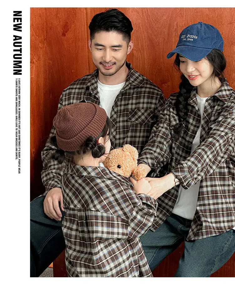 Equal Family Plaid Shirts Autumn Father Mother and Daughter Son Same Long Sleeve Tops Korean Vintage Parent-child Jacket Coat - Mein Shop