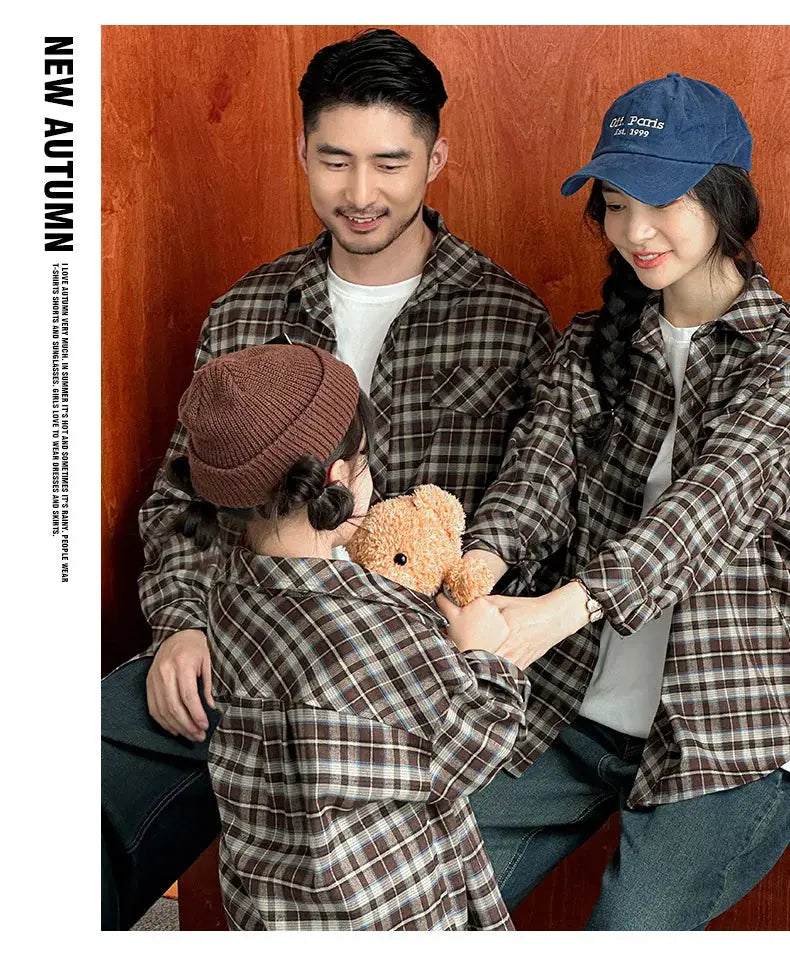 Equal Family Plaid Shirts Autumn Father Mother and Daughter Son Same Long Sleeve Tops Korean Vintage Parent-child Jacket Coat - Mein Shop