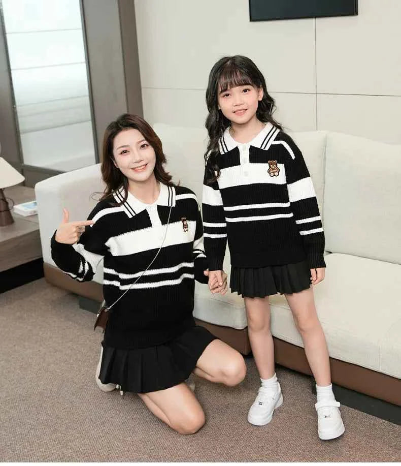 Sweater for The Whole Family Polo Knit Tops Fashion Mom and Daughter Child Girl Matching Jumper Dad and Son Baby Boy Knitwear