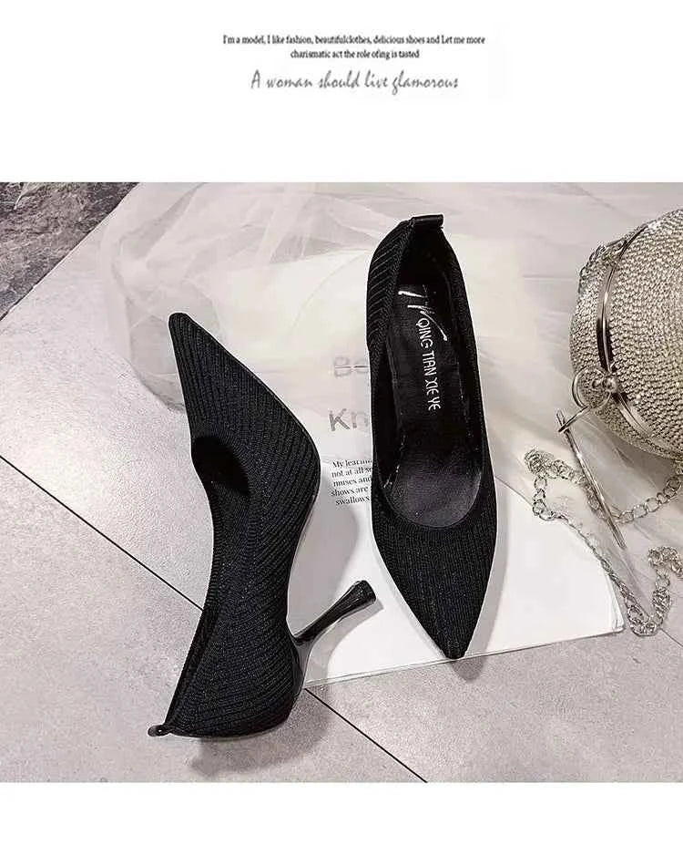 Comemore Comfortable Stilettos Dress Women's Shoes Spring 2023 Trend New Pointed High Heels Fashion Knitted Pumps Knitted Shoe