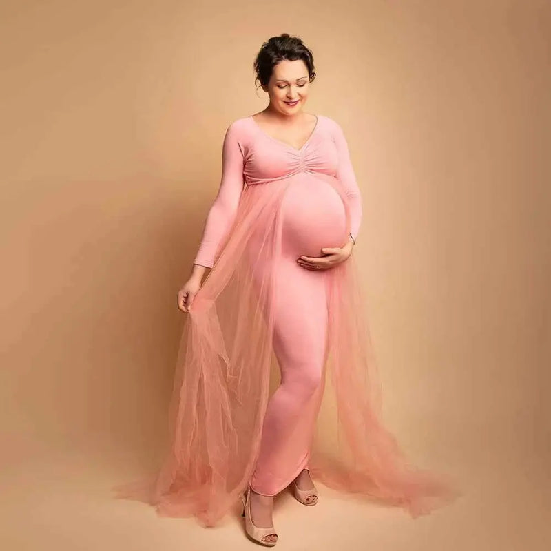 Schwangerenkleider Fotoshooting mit langen Ärmeln und V-Ausschnitt, elegante Mesh-Robe mit Bodenschleppe für Schwangerschaftsfotos und Babypartys