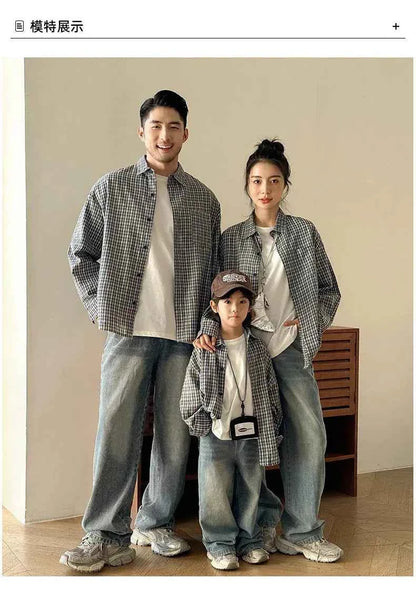 Matching Family Plaid Shirts Dad Mom and Boys Girls Fashion Clothes Korean Father Mother and Daughter Son Same Clothing Jacket